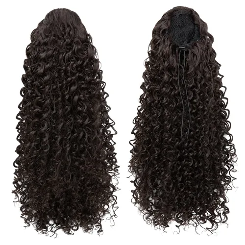 Vista 3 de Extensiones de cabello con cordón en forma de cola de caballo rizada para mujeres negras de 16 pulgadas de largo, peluca sintética afro esponjosa