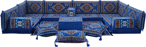 Vista 102 de arabicsofa Sofá en forma de U de estilo árabe para el suelo – Juego de Majlis hecho a mano – Sofá de estilo bohemio