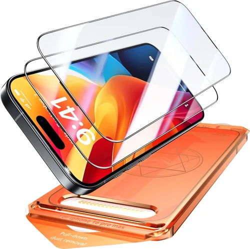 Vista 12 de Paquete de 2 protectores de pantalla para iPhone 15 Pro, dureza 9H, protector de pantalla de vidrio templado con kit de alineación automática