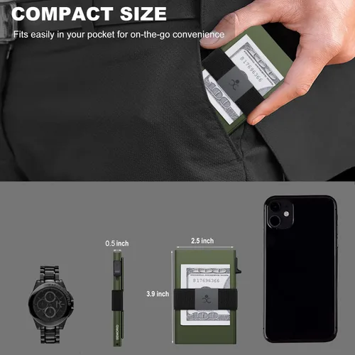 Vista 70 de Cartera delgada de aluminio para hombre, placa trasera expandible duradera, bloqueo RFID, billetera desplegable de metal minimalista, con capacidad