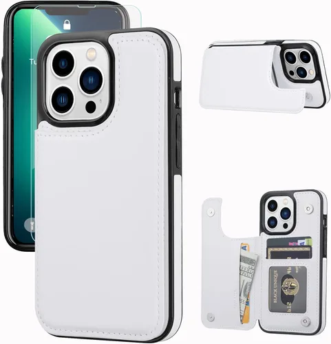 Vista 11 de Funda tipo cartera compatible con iPhone 13 Pro de 6.1 pulgadas, funda protectora delgada con tarjetero, piel sintética de alta calidad, ranuras