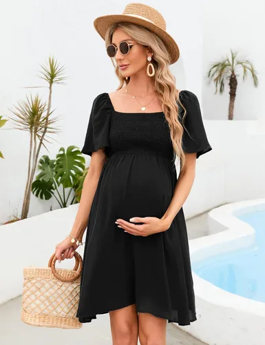 Vista 4 de KOJOOIN Vestido de maternidad de verano para mujer, lazo en la espalda, cuello cuadrado, manga abombada, hombros descubiertos, vestido de baby shower