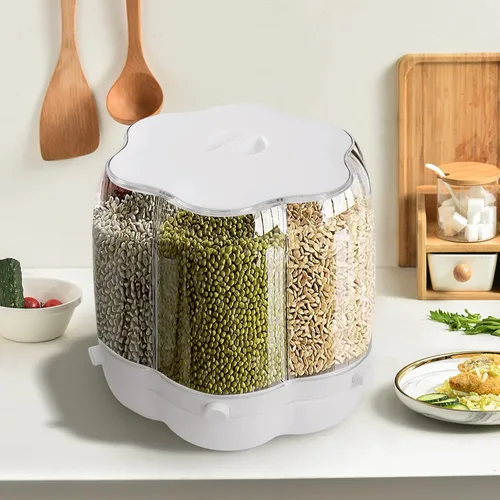 Vista 3 de Dispensador de arroz giratorio grande con 6 rejillas de almacenamiento de cereales, cubo de arroz blanco, contenedor de arroz integral con tapa