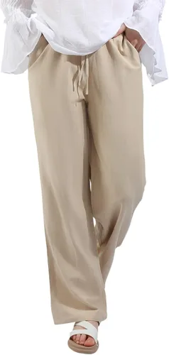 Vista 4 de utcoco Pantalones de algodón y lino con cordón de cintura alta para mujer, estilo casual, ajuste holgado, pierna ancha