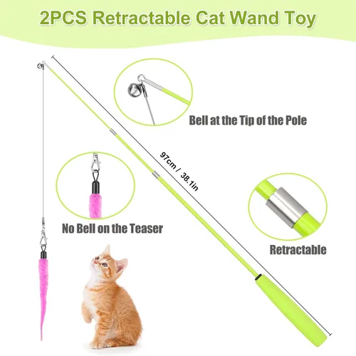 Vista 7 de ChicWow Varita Retráctil Interactiva para Gatos y Juguetes Colgantes para Gatos - 2 Varitas, 2 Colgantes, 7 Juguetes Tentadores para Gatos Adultos