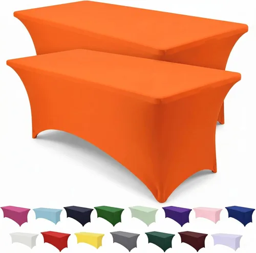 Vista 18 de Paquete de 2 fundas de mesa ajustadas rectangulares de spandex de 6 pies, color beige, mantel de tela elástica sin arrugas para fiestas, ferias