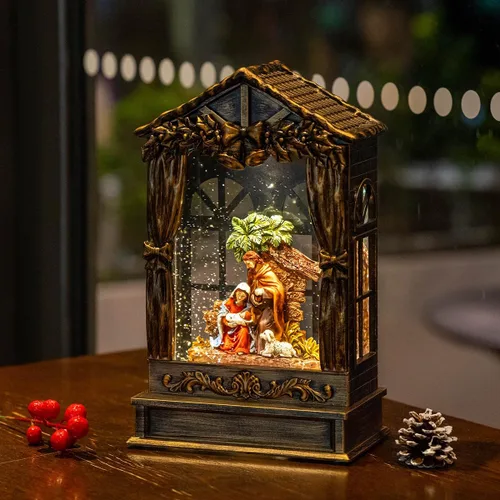 Vista 8 de Globo de nieve navideño iluminado con pesebre y escena del nacimiento, musical de la Sagrada Familia, agua y cuna con música silenciosa de la noche