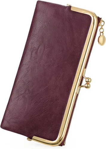Vista 19 de GOIACII Cartera de mujer con cierre de beso, cartera larga con cremallera, con tarjetero compacto vintage para damas, A01 verde , medio, Classic
