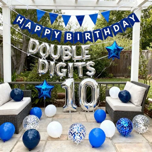 Vista 12 de Decoraciones de cumpleaños número 10 para niños, decoración negra de papel de aluminio de doble dígito, pancarta negra número 10 con globos