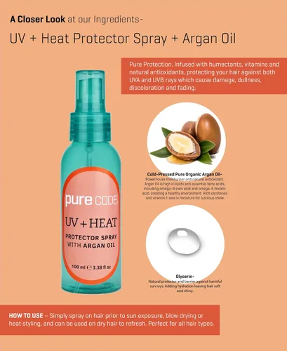 Vista 2 de PURE CODE Spray protector UV + calor con aceite de argán, protege el cabello hasta 450º F contra rizadores y secadores de pelo, spray de tratamiento