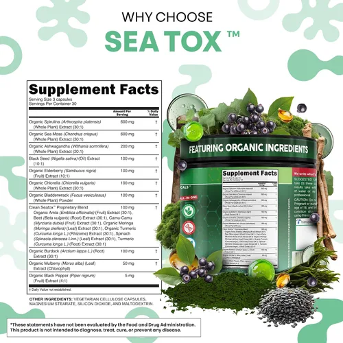 Vista 5 de Sea Tox Cápsulas de Espirulina y Clorella Orgánicas Limpieza Natural y Nutrición Musgo Marino Fucus Clorofila Raíz de Bardana Ashwagandha Cúrcuma 90
