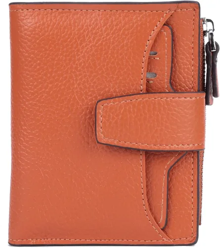 Vista 18 de Cartera de cuero con bloqueo RFID para mujer, pequeña, compacta, doble cremallera, con ventana para identificación