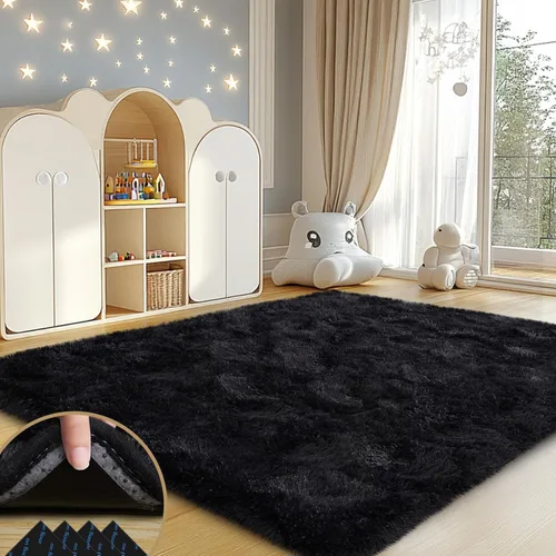 Vista 62 de Mugorn - Alfombras suaves y esponjosas de 2 x 3 pies para el hogar, alfombra pequeña con 4 mallas antideslizantes, color negro, 2 x 3 pies
