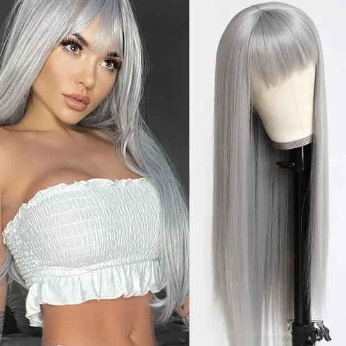 Vista 17 de QD-Tizer Pelucas sintéticas de color rubio ceniza con flequillo, pelucas de cabello largo y lacio, sin pegamento, pelucas sintéticas sin encaje