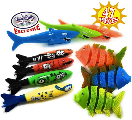 Vista 3 de Matty's Toy Stop Juego de buceo de 47 piezas para buceo/piscinas con palos de buceo, anillos de buceo, gemas, bolas, peces, torpedos, tiburones