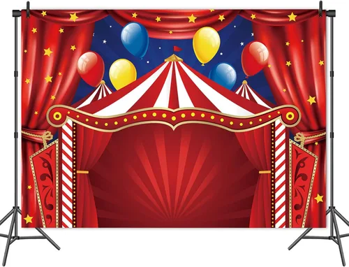 Vista 3 de Telón de fondo de carpa de circo roja Big Top temática de carnaval fiesta de cumpleaños fondo de fotografía para recién nacidos baby shower cabinas