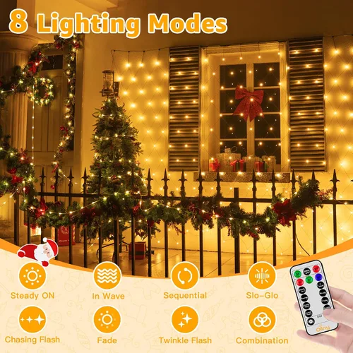Vista 4 de Ollny Luces de Red para Exteriores Luz de Malla, 210 LED de 10 x 7 pies, cable verde, luces de red de Navidad, IP67 impermeable, 8 modos enchufable