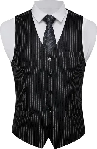 Vista 5 de BABEYOND Chaleco de traje para hombre, chaleco ajustado, chaleco de vestir de negocios para traje de esmoquin Rayas negras