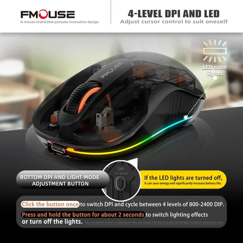 Vista 4 de FMOUSE Ratón Inalámbrico Transparente Novedoso, Tri-Modo (Bluetooth Dual+2.4GHz), Receptor USB-C Ideal para MacBook/Portátiles/PC, Recargable
