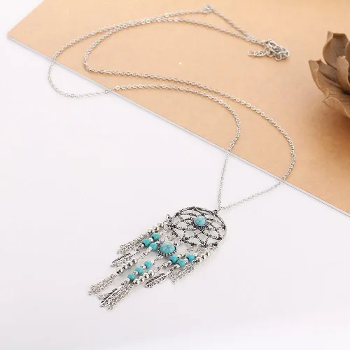 Vista 5 de Lureme Collar atrapa sueños con cadena larga turquesa nativo de Estados Unidos (01003467)