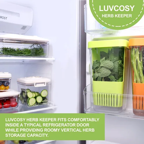 Vista 8 de LUVCOSY Herb Keeper, protector de hierbas de plástico sin BPA con una cesta interior para cilantro, menta, perejil y espárragos, mantiene