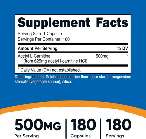 Vista 2 de Nutricost Acetil L-carnitina 500 mg, 180 cápsulas - Sin OMG y sin gluten (2 botellas)