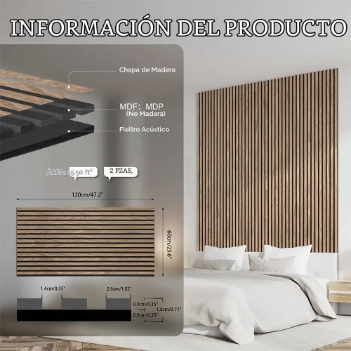 Vista 2 de Paneles de madera para pared, panel de listones de madera insonorizado y acústico para decoración interior, paneles absorbentes de sonido