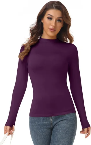 Vista 2 de AUHEGN Camisetas de cuello alto falso para mujer, estilo casual, ajustadas, de manga larga, de capa base