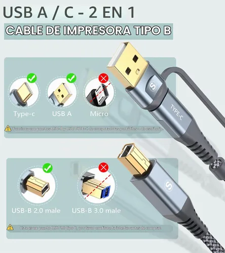 Vista 2 de Cable de impresora 2 en 1 USB-A/C a USB-B de 6.6 pies, cable MIDI tipo C trenzado de alta velocidad cable de impresora para HP Canon Dell Epson