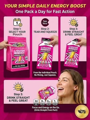Vista 8 de VITAL 4U Liquid Energy Shot - Bolsas de cafeína listas para beber con Panax ginseng y vitaminas B