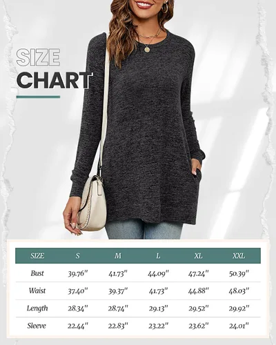 Vista 6 de 2 sudaderas casuales de manga larga para mujer, cuello redondo, sin botones, con bolsillos laterales, túnica de otoño