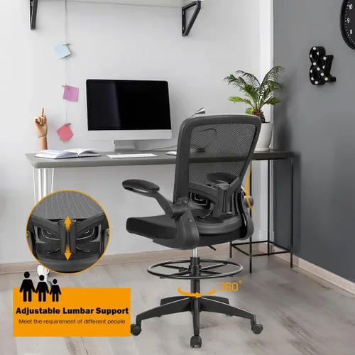 Vista 5 de GIANTEX Juego de 2 sillas de dibujo, sillas altas de oficina para Negro