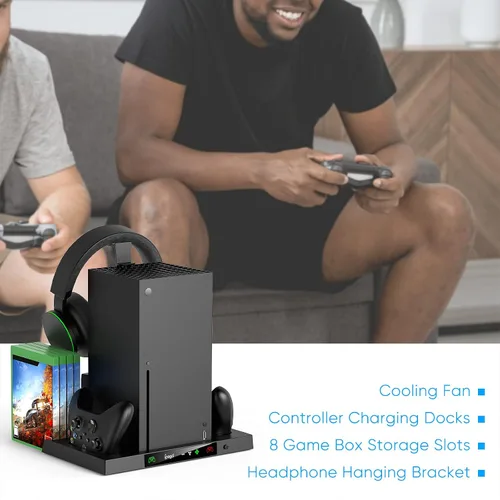 Vista 7 de Upgraded Vertical Cooling Stand for Xbox Series X with Controller Charger Station Dock, Dual Suction Cooler Fan System Stand Accessories with 8 Game