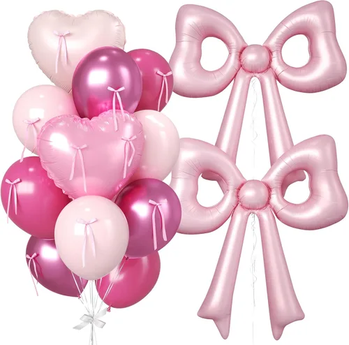 Vista 10 de 16 globos de corazón rosa, globos de lazo de 38 pulgadas, globo transparente rosa perla de doble relleno y arco en forma de corazón globo