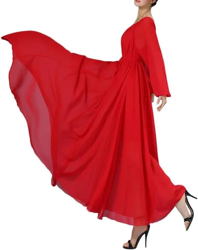Vista 3 de BUENOS NINOS Vestido largo de gasa con cuello redondo y manga larga para mujer con cinturón