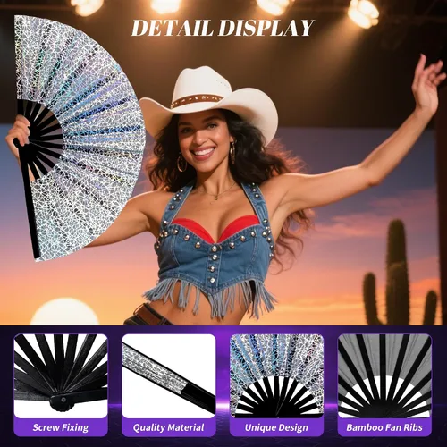 Vista 3 de Abanico de mano grande de 13 pulgadas con luz UV para baile en línea, abanico plegable para botas en el suelo, actuación, boda, fiesta - abanico