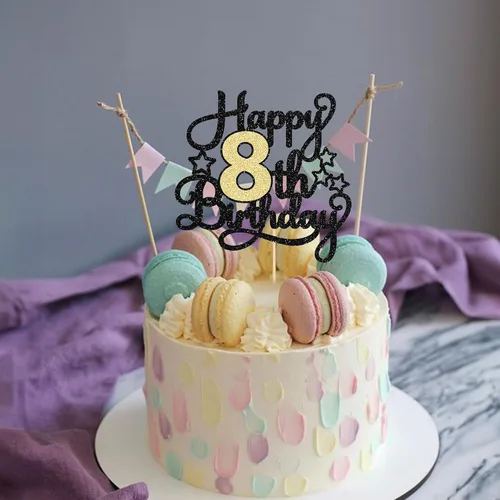 Vista 4 de 1 pieza de decoración de pastel de 8º cumpleaños con purpurina y saludos a 8 años, decoración de pastel de feliz cumpleaños para fiesta de 8 años