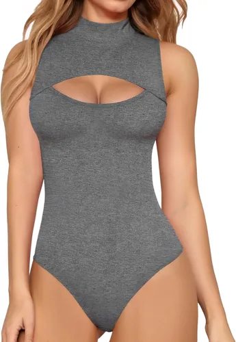 Vista 10 de MANGOPOP - Body de cuello alto con recorte frontal para mujer, manga larga, sin mangas, cuello de tortuga, trajes sexys 01 Manga larga negra