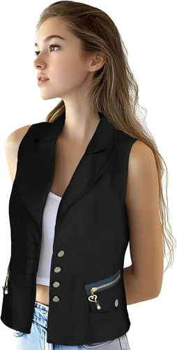 Vista 2 de Chaleco de mezclilla con solapa para mujer, chaleco con botones, chaleco azul