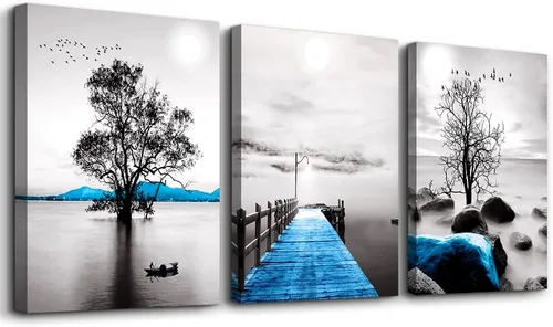 Vista 12 de Arte en lienzo enmarcado en negro para decoración de sala de estar y dormitorio - Pintura de pared de playa en blanco y negro - Imágenes de olas