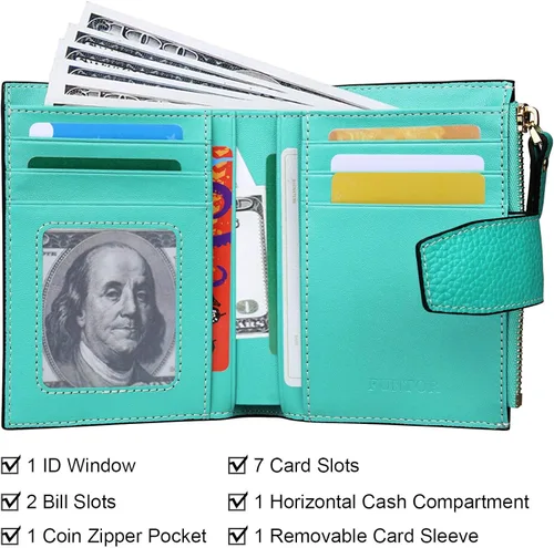 Vista 5 de FT FUNTOR RFID - Billetera de cuero para mujeres, tarjetero de mujer, pequeña billetera compacta de bolsillo con ventana para identificación