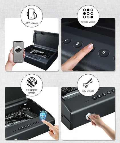 Vista 3 de PINEWORLD Caja fuerte para pistola, funda de pistola, caja de pistola biométrica segura para coche, cajas fuertes de pistola con huella dactilar