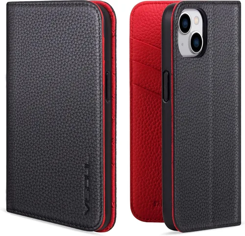 Vista 14 de VISOUL Funda tipo cartera de piel auténtica para iPhone 14, con tapa magnética, con tarjetero y función atril, compatible con iPhone 14