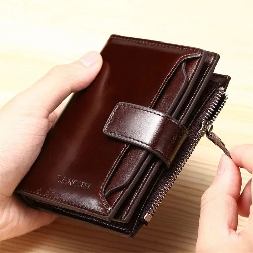 Vista 5 de JIUFENG Cartera de cuero genuino para hombre, con bloqueo RFID, plegable, con cremallera, organizador de tarjetas, recortador de dinero, Negro