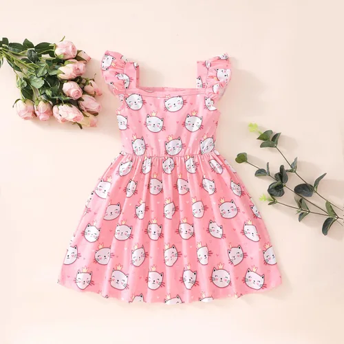 Vista 7 de Popshion Vestidos de niña con mangas con vuelo, vestido de verano para niños, fiesta de cumpleaños, sin mangas, vestido de 1 a 8 años