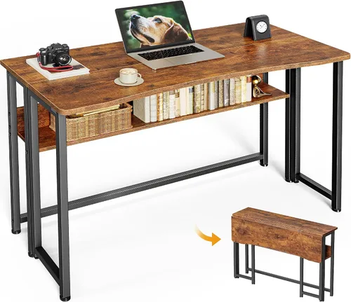 Vista 11 de Huuger Escritorio Plegable con Estante de Almacenamiento, Mesa de Computadora Plegable de 31.5 Pulgadas para Espacios Pequeños, Mesa de Sofá que