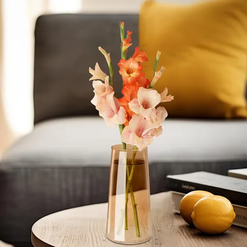 Vista 7 de Jarrón de vidrio ámbar para flores, jarrones de vidrio transparente de 6 pulgadas para centro de mesa, jarrón moderno de estilo bohemio para boda