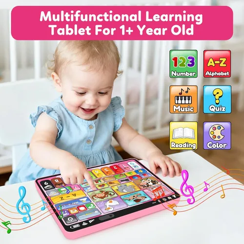 Vista 2 de Tableta de juguete educativo trilingüe con música y sonido, juguetes Montessori de terapia del habla para niña y niño de 1 año, juguete musical