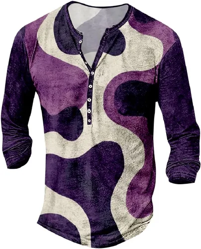 Vista 14 de MARSVOVO Camisetas Henley para hombre, camisetas gráficas artísticas, cuello en V, sin cuello, manga larga, casual, ajustadas, camisas