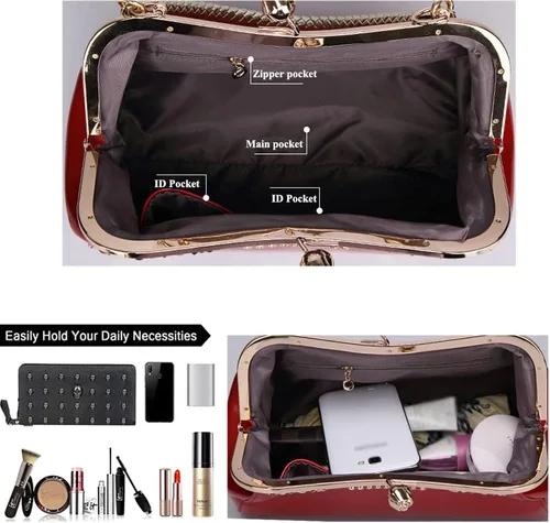 Vista 4 de ZiMing Bolsos de charol brillantes para mujer, bolsos vintage con cerradura de beso con asa superior de metal, bolsos de noche